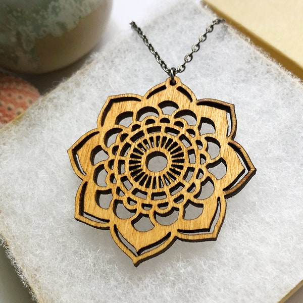 Wood Jewelry - Mandala Necklace, Laser Cut Jewelry, Gift Women, Natural Jewelry, Wood Pendant, Small Wood Necklace