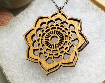 Wood Jewelry - Mandala Necklace, Laser Cut Jewelry, Gift Women, Natural Jewelry, Wood Pendant, Small Wood Necklace