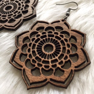 Wooden Earrings Mandala Earrings, Statement Jewelry, Laser Cut Jewelry, Wood Jewelry, Wood Gift for Her, Bohemian Earrings image 1