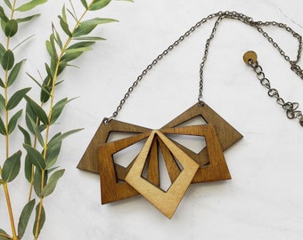 Wood Statement Necklace - Ombre Layered Wood Necklace, Laser cut Jewelry, 5th Anniversary Gift
