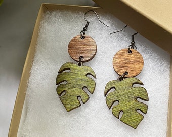 Wood Monstera Dangle Earrings - Tropical Leaf Earrings, Laser Cut Jewelry, Statement Earrings, Bohemian Jewelry, Statement Jewelry