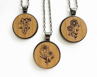 Birth Month Necklaces - Wood Flower Necklace, Engraved Jewelry, Gift Women, Wood Pendant, Birthday Month Necklace, Flower Bouquet Charm