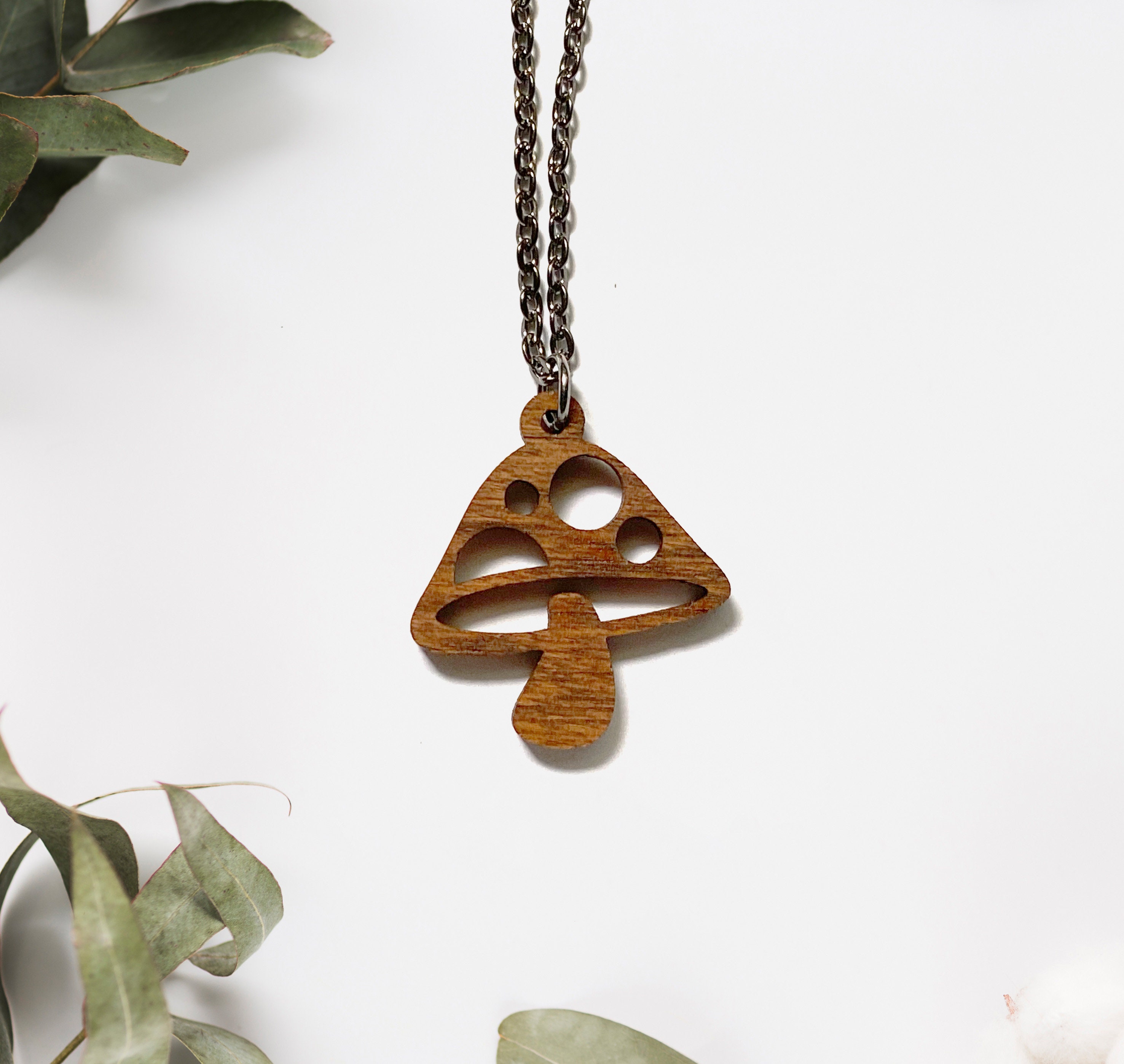 Small Mushroom Necklace - Mushroom Pendant, Wood mushroom necklace, toadstool necklace