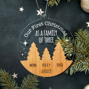 Personalized Family Ornament - Family of Three Christmas Ornament, Christmas 2023 Ornament, Wood and Acrylic Ornament, Engraved Ornament