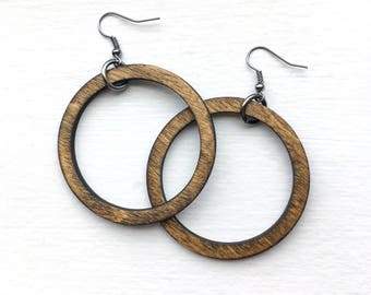 Classic Wood Hoop Earrings - Round wood Earrings, Laser Cut Wood Earrings, Circle Hoop Earrings, Thick Wood Hoop Earrings