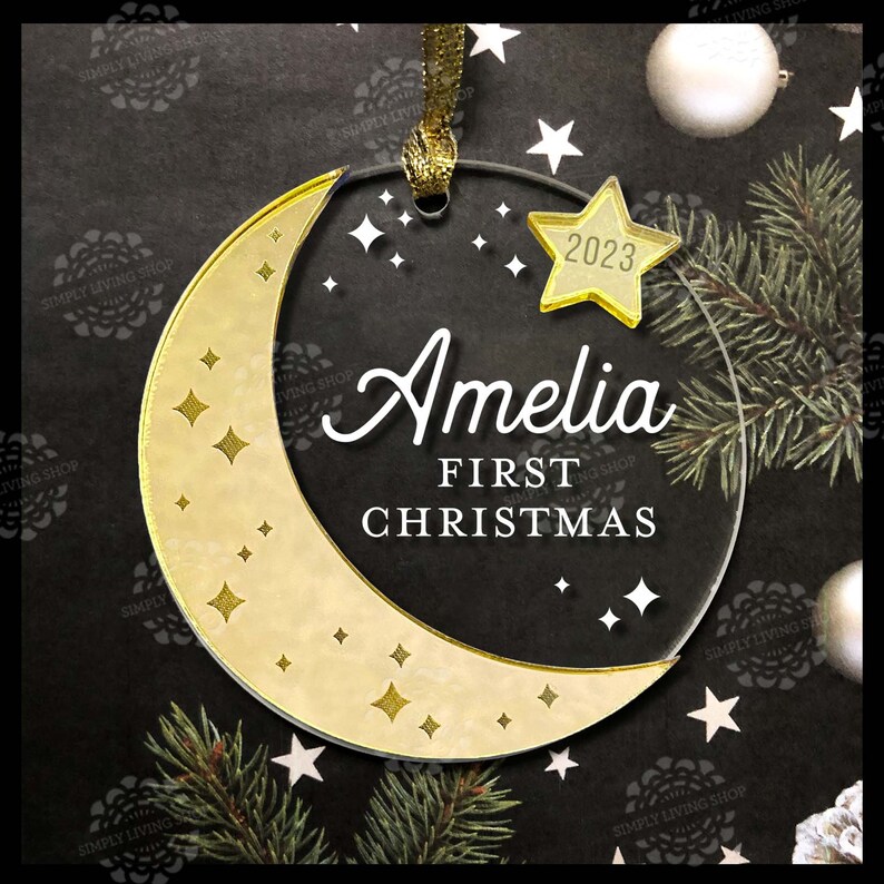 Personalized Baby Ornament Babys First Christmas Ornament, Christmas 2023 Ornament, Wood and Acrylic Ornament, Engraved Ornament Moon - Gold