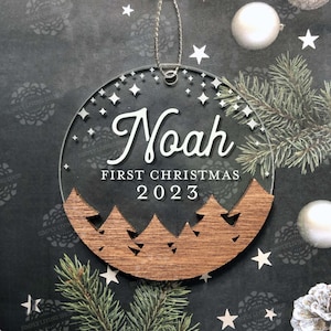 Personalized Baby Ornament Babys First Christmas Ornament, Christmas 2023 Ornament, Wood and Acrylic Ornament, Engraved Ornament Wood Trees