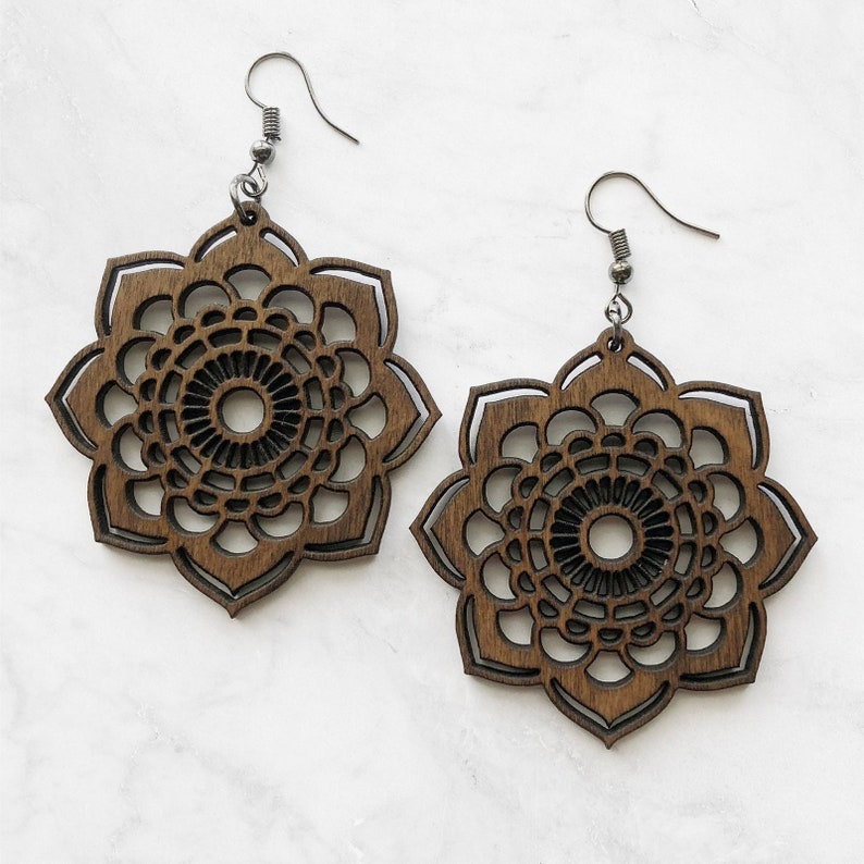 Wooden Earrings Mandala Earrings, Statement Jewelry, Laser Cut Jewelry, Wood Jewelry, Wood Gift for Her, Bohemian Earrings image 3