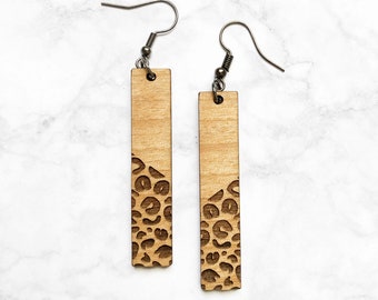 Leopard Bar Earrings - Long Wood Leopard print earrings, Wood Dangle earrings, Handmade Earrings