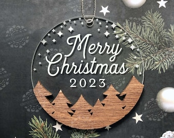 Merry Christmas Ornament - Christmas 2023 Ornament, Wood and Acrylic Ornament, Engraved Ornament, 2023 Keepsake, 2023 Holiday Ornament