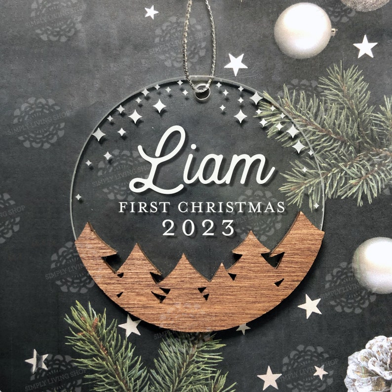 Personalized Baby Ornament Babys First Christmas Ornament, Christmas 2023 Ornament, Wood and Acrylic Ornament, Engraved Ornament image 1