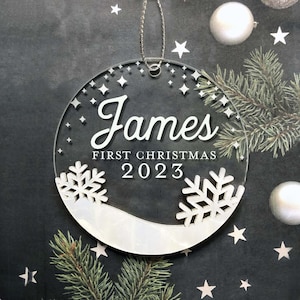 Personalized Baby Ornament Babys First Christmas Ornament, Christmas 2023 Ornament, Wood and Acrylic Ornament, Engraved Ornament White Snowflakes
