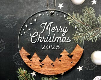 Merry Christmas Ornament - Christmas 2025 Ornament, Wood and Acrylic Ornament, Engraved Ornament, 2025 Keepsake, 2025 Holiday Ornament