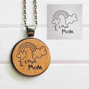 Personalized Kids Drawing Necklace • Custom Children Artwork Necklace • Gift for Mom • Engraved Wood Pendant Necklace • Actual drawing gift