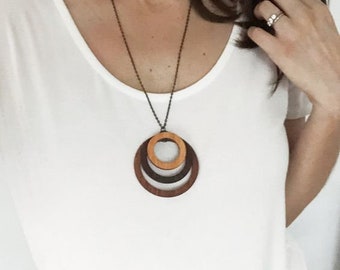 Wood Statement Jewelry - Ombre Wood Circle Necklace, Laser Cut Jewelry, Gift Women, Natural Jewelry, Wood Pendant