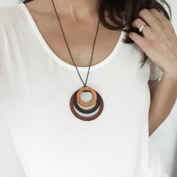 Wood Statement Jewelry - Ombre Wood Circle Necklace, Laser Cut Jewelry, Gift Women, Natural Jewelry, Wood Pendant