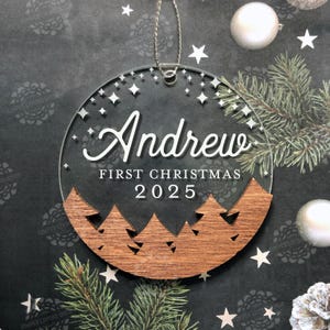 Personalized Babys First Christmas Ornament - Christmas 2025 Ornament, Wood and Acrylic Ornament, Engraved Ornament, Woodland Baby ornament