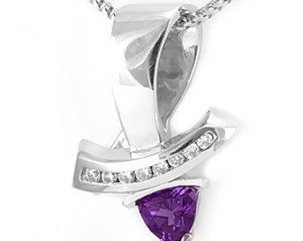 Trillion Amethyst and Diamond Pendant, 14K White Gold Ladies Pendant, Ladies Fine Jewelry