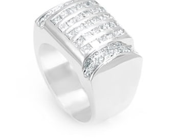 May include: A silver ring with a rectangular band and a row of clear cubic zirconia stones set in the center.