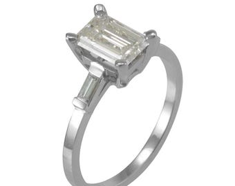 Baguette Diamond Engagement Ring in 14K White Gold with Emerald Cut CZ center, Bridal Ring, Proposal Ring
