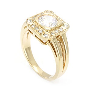 Round Diamonds Pave Set 14K Yellow Gold Engagement Ring CZ - Etsy