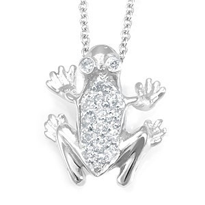 May include: Silver frog pendant necklace with clear cubic zirconia stones. The frog is sitting on its hind legs with its front legs outstretched.