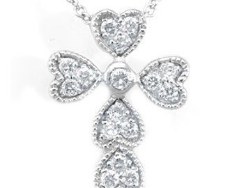Heart Shape Cross Diamond Pendant, 14K White Gold Pendants, Fine Jewelry