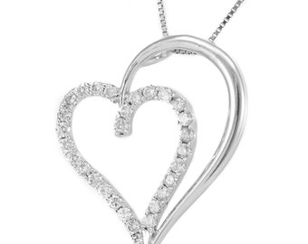 Double Heart Diamond Pendant, 14K White Gold Ladies Pendant, Love Pendant,Ladies Fine Jewelry