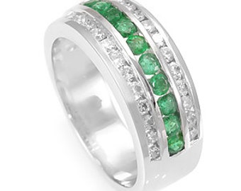 Emerald Diamond Wedding Ring, 18K White Gold Emerald Ring, Emerald Anniversary Ring,Ladies Rings, Ladies Fine Jewelry