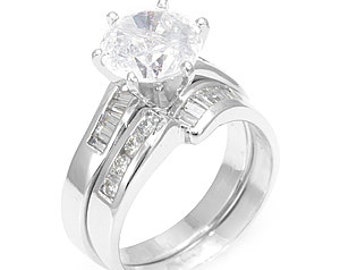 Round and Baguette Diamonds 14K White Gold  Channel Setting Engagement Ring, Wedding Sets