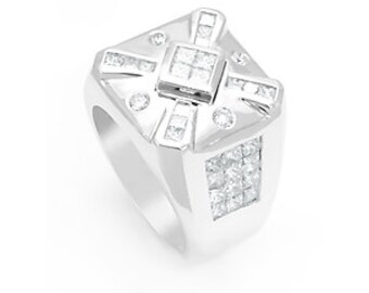 May include: A silver men's ring with a square-shaped setting featuring a large square-cut diamond surrounded by smaller diamonds. The ring is set with a total of 1.5 carats of diamonds.