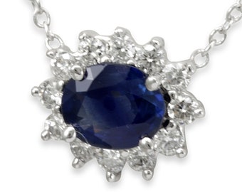 Diamond Halo Oval Blue Sapphire Pendant, Necklace in 4K White Gold , Blue Sapphire Necklace