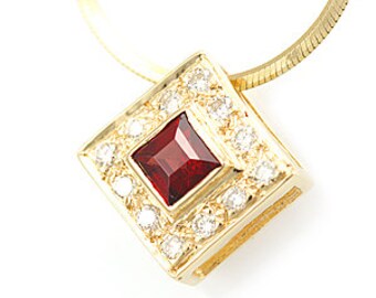 Garnet Diamond Square Pendant, 14K Yellow Gold Ladies Pendant, Ladies Fine Jewelry