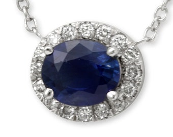 Diamond Halo Oval Blue Sapphire Pendant, Necklace in 4K White Gold , Blue Sapphire Necklace