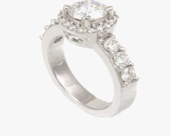 Unique Halo Round Diamonds Ring,14K White Gold, CZ Engagement Ring, Bridal Ring