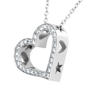 Diamond Heart with cut out Heart and Star Design Pendant, 14K White Gold Love Pendant, Ladies Fine Jewelry image 1