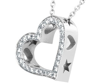 Diamond Heart with cut out Heart and Star Design Pendant, 14K White Gold Love Pendant, Ladies Fine Jewelry