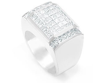 May include: A silver men's ring with a square-shaped top set with small, clear, square-cut diamonds.