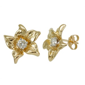 Diamond Flower Stud Earrings, 14K Yellow Gold Ladies Earrings, Flower Earrings