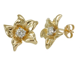 Diamond Flower Stud Earrings, 14K Yellow Gold Ladies Earrings, Flower Earrings