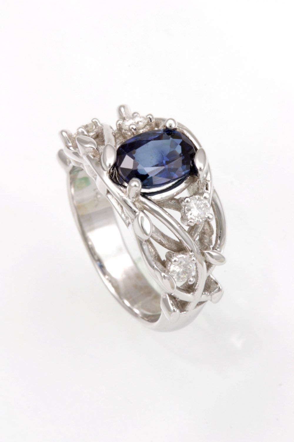 Diamond Blue Sapphire Engagement Ring 14K White Gold Ladies - Etsy