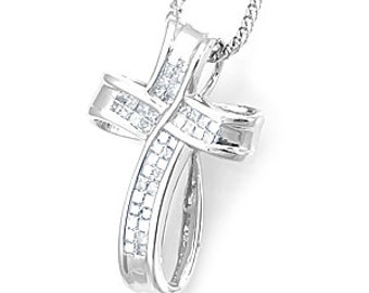 Diamond Cross Pendant, 14k White Gold Ladies Pendant, Ladies Fine Jewelry