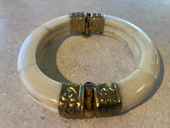 Bone and Brass Hinged Bangle Bracelet - image 5