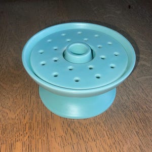 May include: A light blue ceramic dish with a central hole and multiple smaller holes around the edge. The dish sits on a matching base.