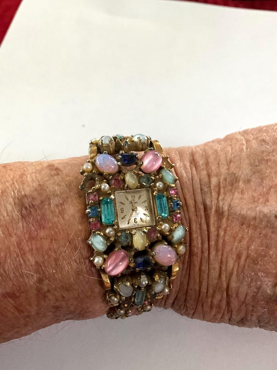 Swiss Pedre 17 Jewel Watch with Multicolored Ston… - image 1