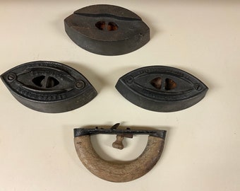 Vintage set of 3 sad irons and handle