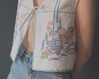 Upcycled Boho Tie Top - Ida embroidered cotton vest