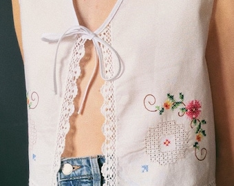 Upcycled Boho Tie Top - Bernie embroidered cotton vest