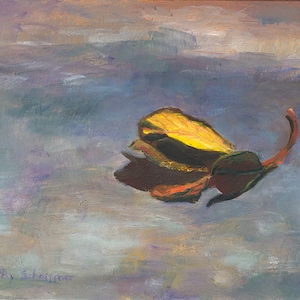 May include: A painting of a single, yellow leaf floating on a body of water. The leaf is partially submerged and the water is a muted blue-purple color.