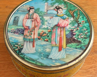 1930s 1940s Antique Chinese Cake Tin - Asiatic Cookie Tin - Rare and Beautiful